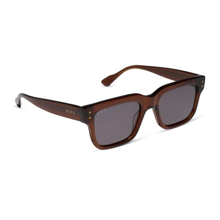 diff eyewear featuring the cash square sunglasses with a whiskey brown acetate frame and grey polarized lenses angled view