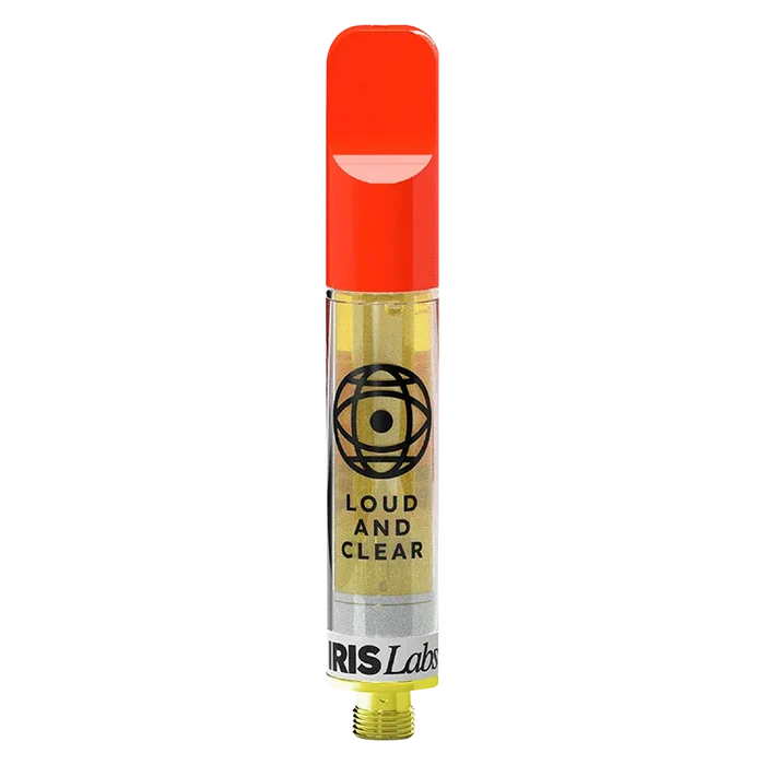 Center-frontal view of a slender cartridge with a bright red mouthpiece labeled "Cherry Bang Bang Live Resin Vape Cartridge" showing the transparent body with golden oil and a black "LOUD AND CLEAR" logo.