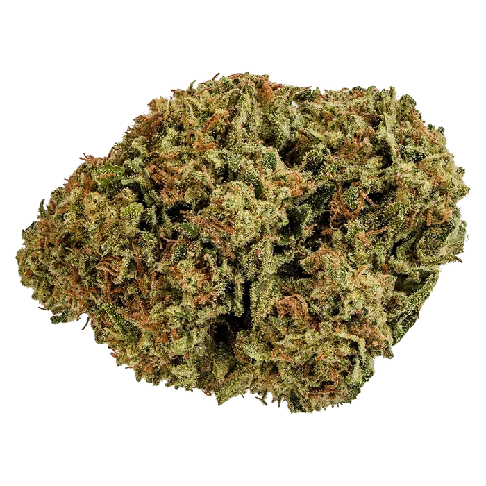 Close-up top-down view of a dense, green-and-orange cannabis bud labeled Cherry Bomb, showing frosty trichomes and curled pistils against a white background