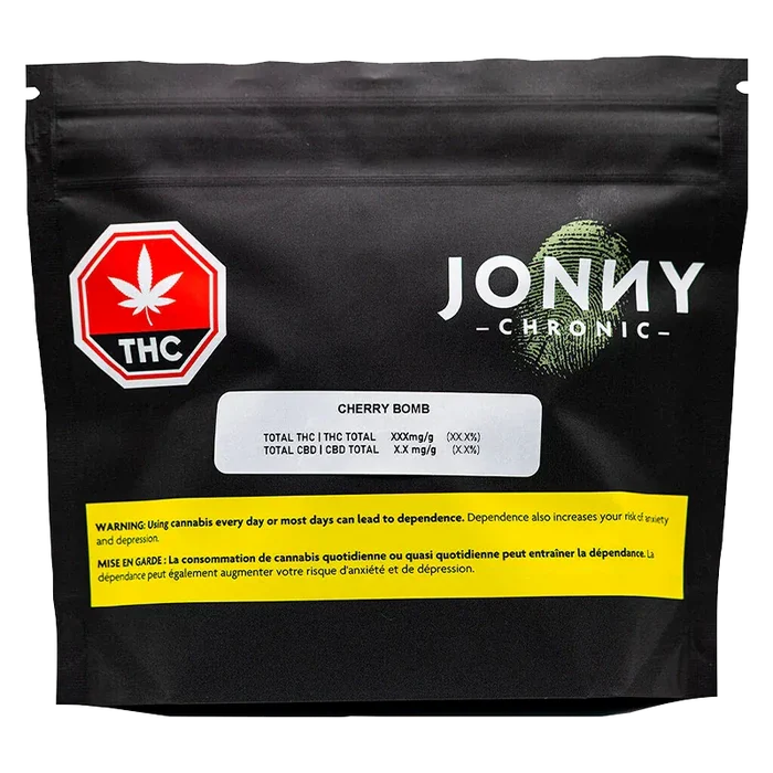 Front view of the Jonny Chronic Cherry Bomb black resealable pouch with a red THC octagon and yellow warning strip.