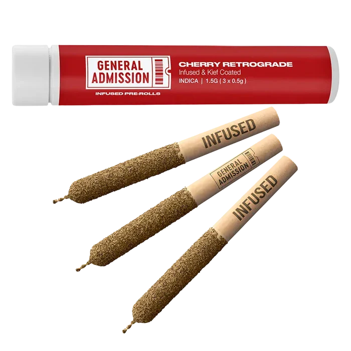 Angled close-up of three kief-coated pre-rolls beside a red tube labeled "Cherry Retrograde Infused PR 3 x 0.5 g" from General Admission.
