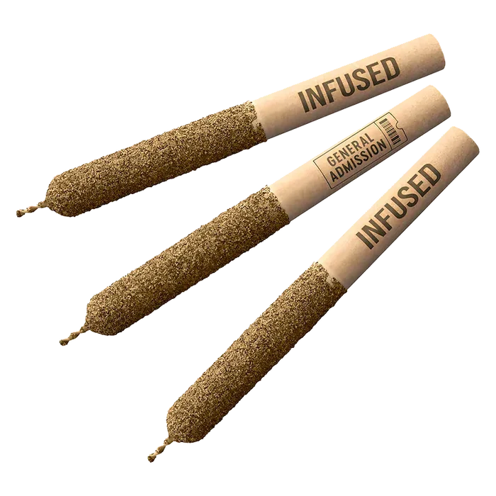 Three angled Cherry Retrograde Infused PR 3 x 0.5 g pre-rolls with textured brown coating and paper tips reading "INFUSED" and "GENERAL ADMISSION"