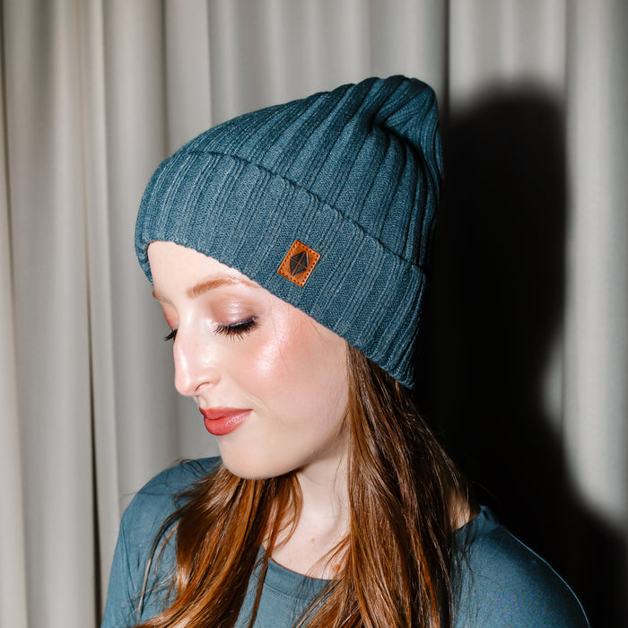 Chunky Knit Adult Ribbed Beanie in Atlantic shown on a model