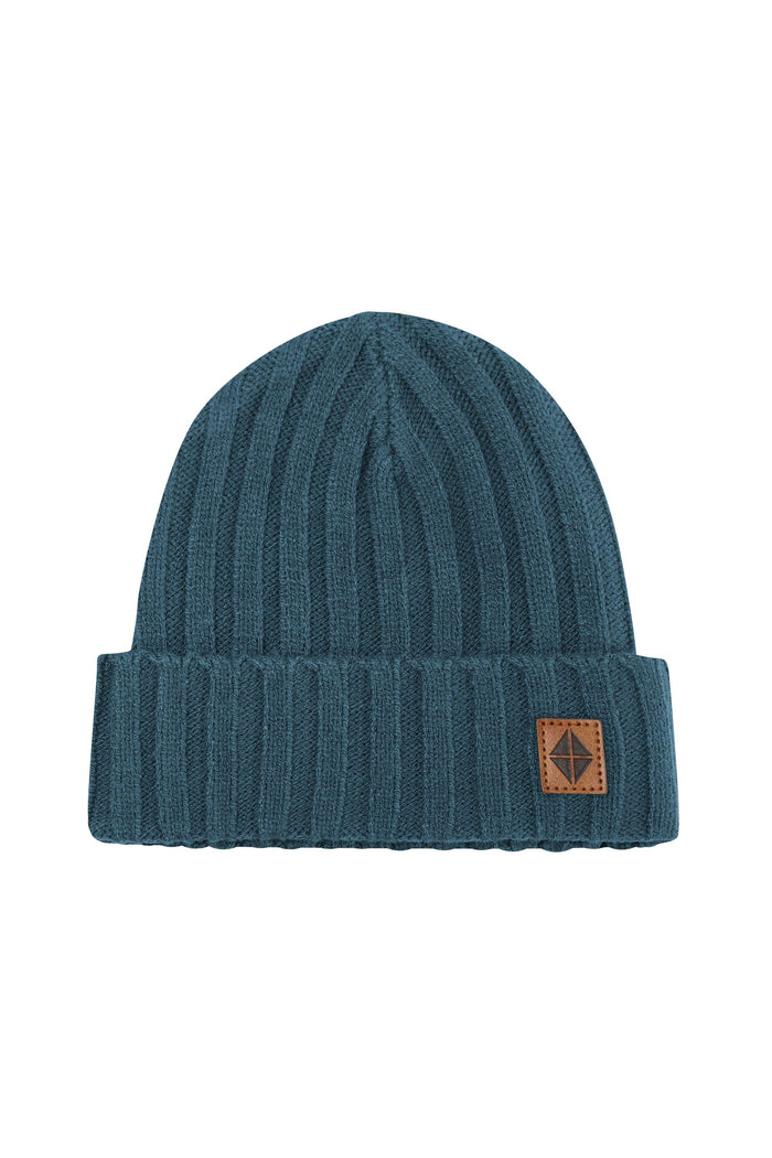 Product photo of the Chunky Knit Ribbed Beanie in Atlantic with the Kyte Baby vegan leather tag visible