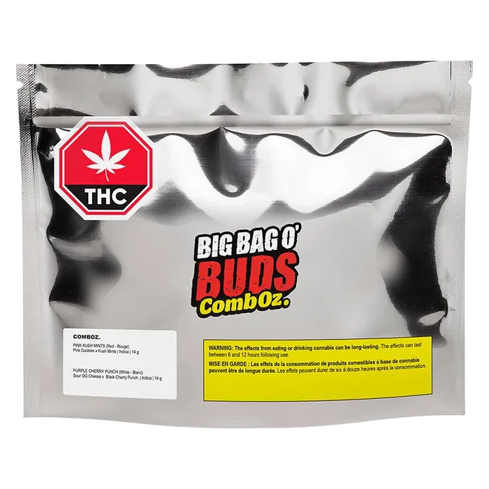 A front-facing shot of a reflective silver pouch labeled Comboz Purplecherry with bold "Big Bag O' Buds" text and a THC symbol.