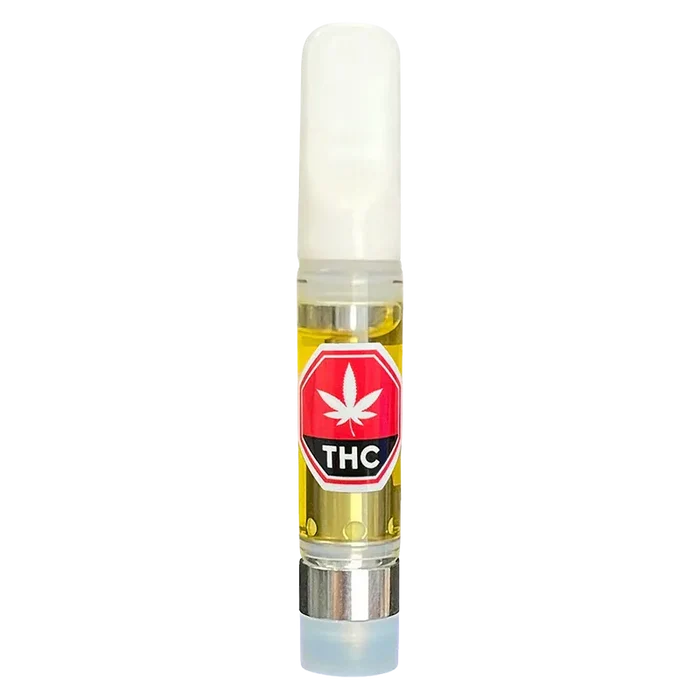 Straight-on product shot of a clear Comet Clusters Vape Cartridge filled with golden oil and a red THC label.