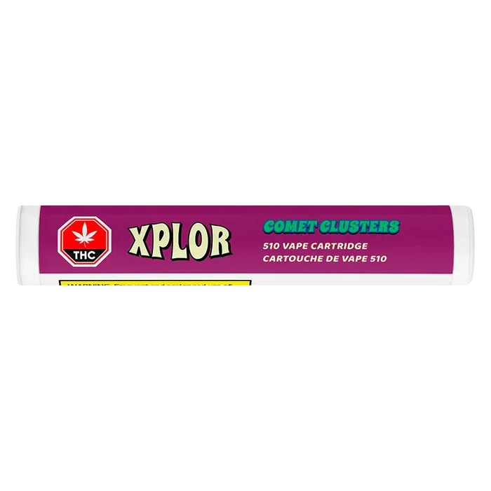 Straight-on product shot of the Comet Clusters Vape Cartridge in its purple XPLOR tube label centered on a white background.