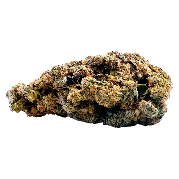 Close-up of a single dense bud of Cookie'z showing green, amber, and frosty trichome textures against a white background.