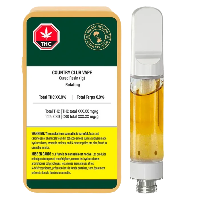 Right-side view of the Country Club Live Resin Vape Cartridge showing a clear gold-filled cartridge next to its green, white, and yellow labeled 1 g packaging.
