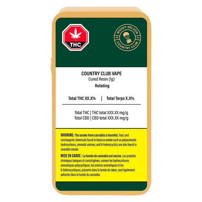 Front-facing product label of the Country Club Live Resin Vape Cartridge showing a green upper panel with logos, white center text area, and a yellow warning box at the bottom