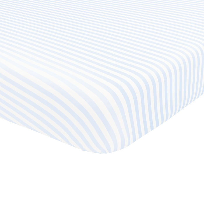Crib Sheet in Small Mist Stripe corner shown on a mattress
