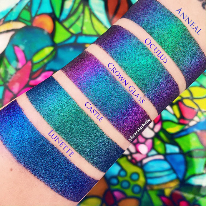 Top angled arm swatches on fair skin tone of Crown Glass Jewelled Multichrome Eyeshadow shifts compared to Anneal, Oculus, Castle, Lunette