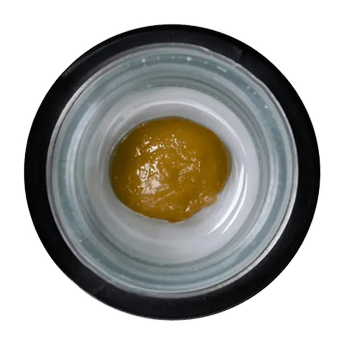 Top-down view of a glossy amber dab of Cured Rosin - Made By Vangyptian centered in a small white glass jar with a black rim.