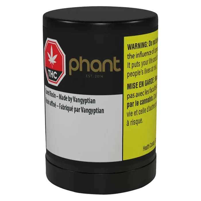 Front-facing view of the black jar labeled "Cured Rosin - Made By Vangyptian" with a gold "phant" logo and a bright yellow warning panel.