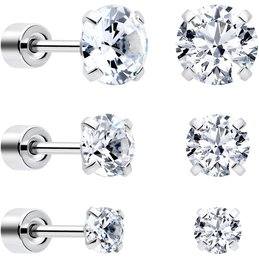 CZ Flat Back Stud Earrings - 3 Pairs