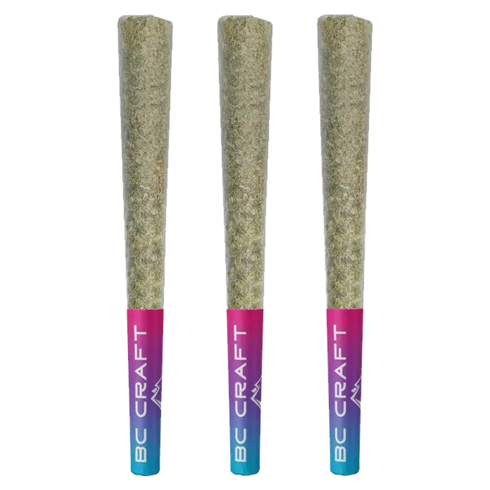 Top-down front view of three Dante's Inferno Pre-Rolls 3 x 0.5 g arranged upright with gradient pink-to-blue filter tips.