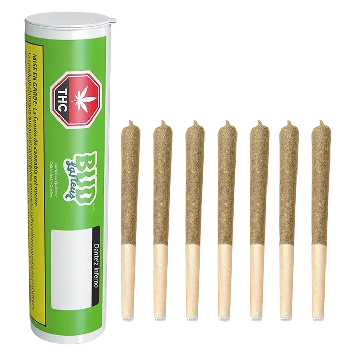 Left-profile shot of a green tube next to eight evenly spaced prerolled joints in a row, labeled Dante'z Inferno PR 7 x 0.5 g.