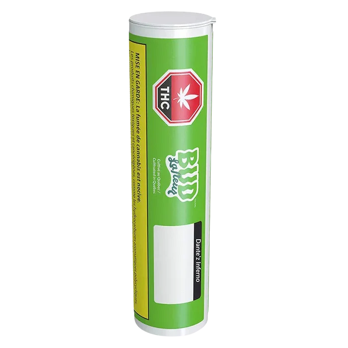 Vertical front view of the green tube packaging labeled Dante'z Inferno PR 7 x 0.5 g with a red THC octagon logo.