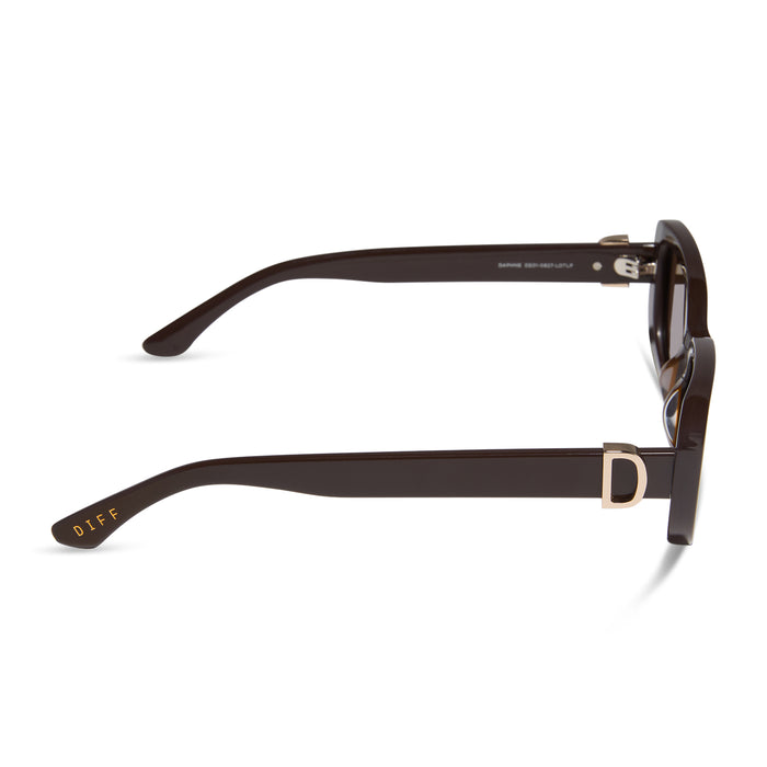 diff eyewear featuring the daphne rectangle sunglasses with a truffle frame and truffle polarized lenses side view