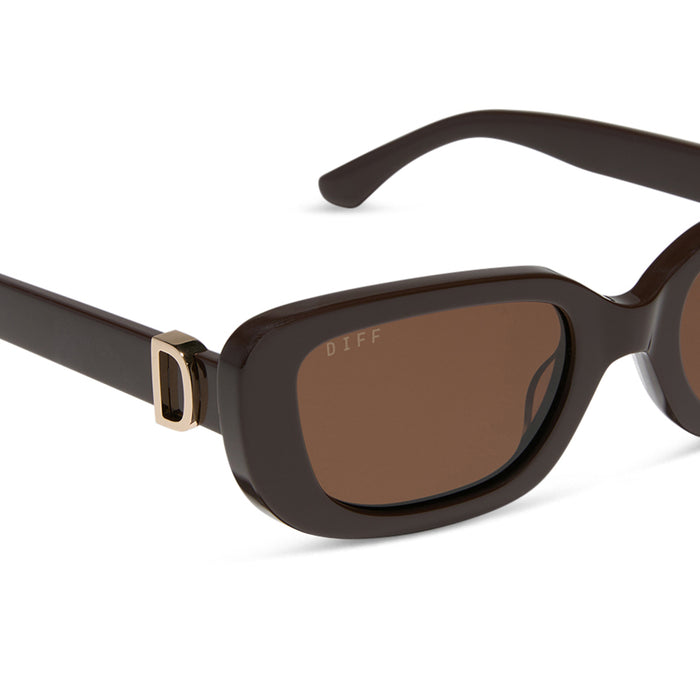 diff eyewear featuring the daphne rectangle sunglasses with a truffle frame and truffle polarized lenses detailed view