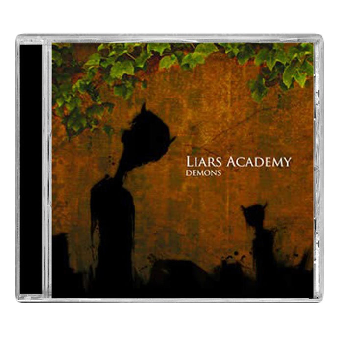 CD cover for Liars Academy’s alternative rock album Demons shows two shadowy figures on a textured brown background with green ivy above. The band name and album title are centered right. Produced by J Robbins. Brand: Liars Academy.