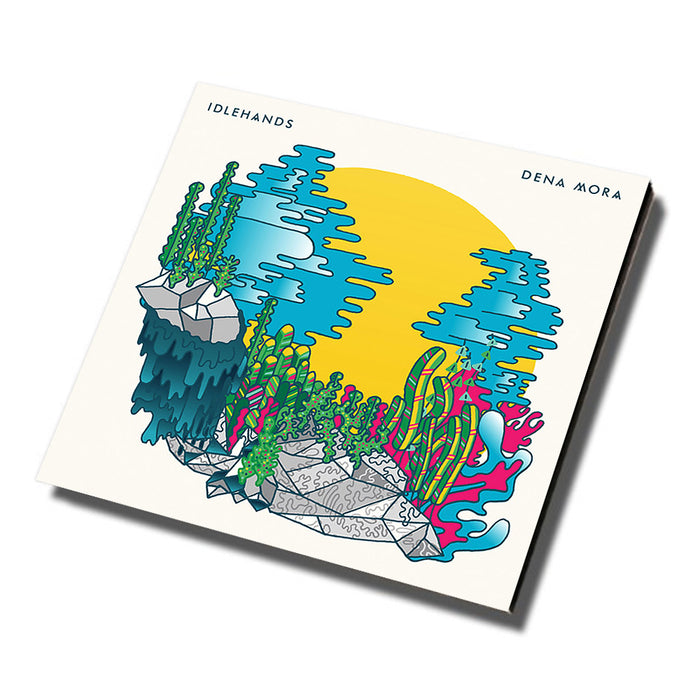 IDLEHANDS album cover for Dena Mora’s CD features a vibrant abstract landscape with plants, cracked ground, and a bold yellow sun on blue sky against white. Includes track list inside.