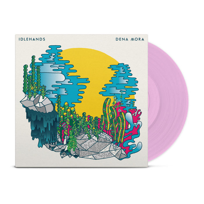 A square album cover from IDLEHANDS depicts colorful islands, green plants, a large yellow sun, and a pale blue sky. A limited edition light pink vinyl LP is partially visible behind the artwork.