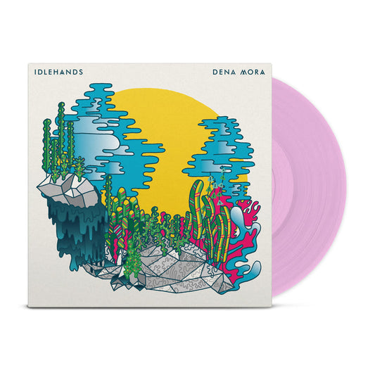 A square album cover from IDLEHANDS depicts colorful islands, green plants, a large yellow sun, and a pale blue sky. A limited edition light pink vinyl LP is partially visible behind the artwork.