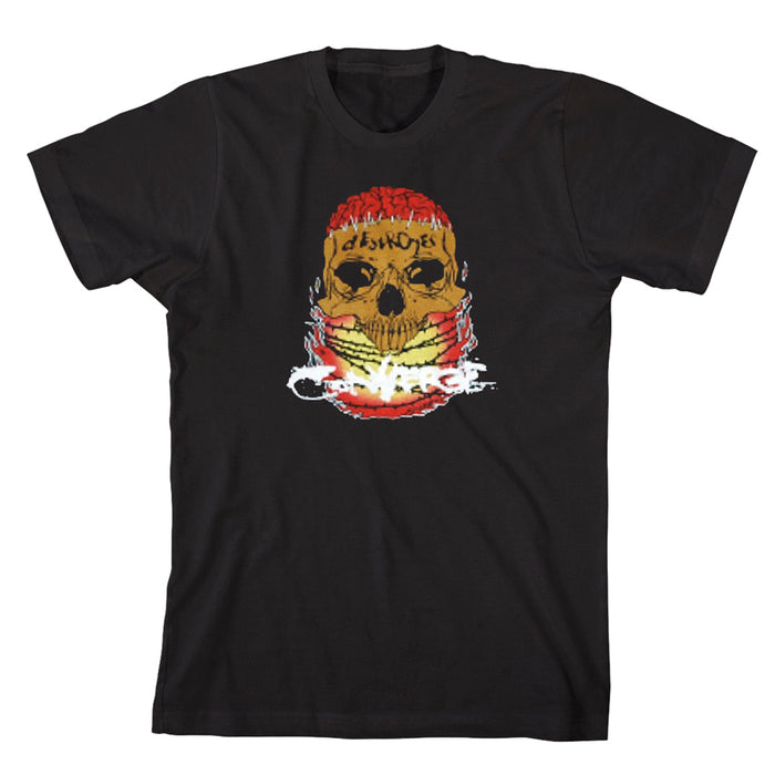 The ConvergeDestroyer T-Shirt by Converge is black, featuring a stylized yellow skull with red accents and glitchy white connect text, printed on quality Fruit of the Loom fabric.