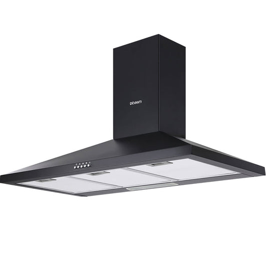 Devanti Range Hood Rangehood 90cm 900mm Kitchen Canopy LED Light Wall Mount Black - Devanti