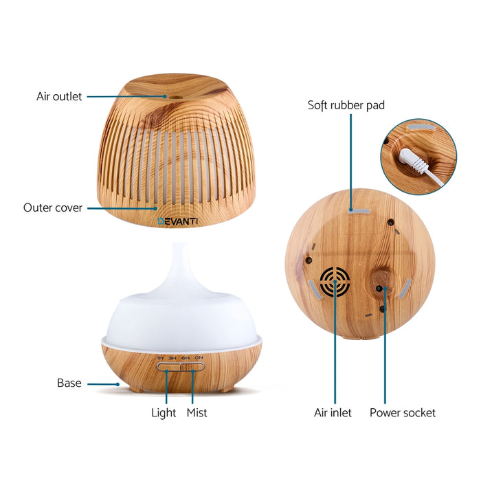Devanti Aromatherapy Diffuser Aroma Essential Oils Air Humidifier LED Light 400ml Wood Grain