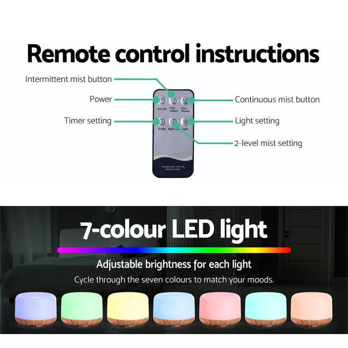 Devanti Aroma Diffuser Aromatherapy LED Night Light Air Humidifier Purifier Light Wood Grain 500ml - Devanti