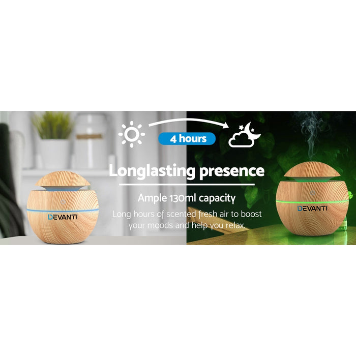 Devanti Aromatherapy Diffuser Aroma Essential Oils Air Humidifier LED Light 130ml Light Wood Grain