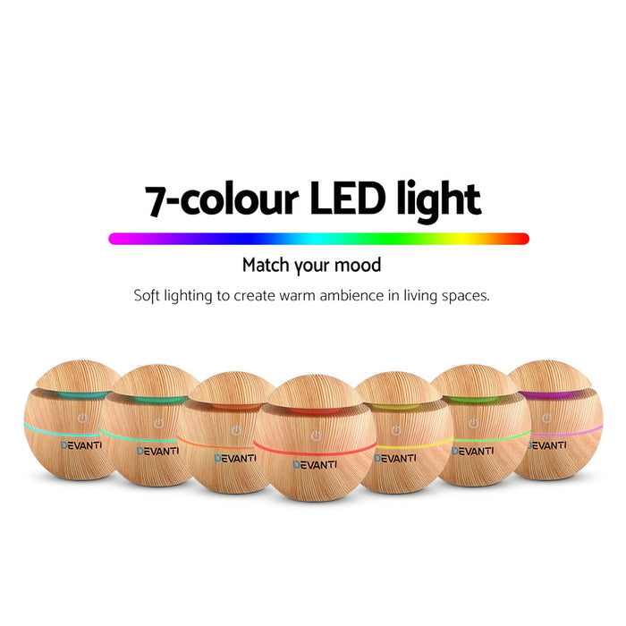 Devanti Aromatherapy Diffuser Aroma Essential Oils Air Humidifier LED Light 130ml Light Wood Grain
