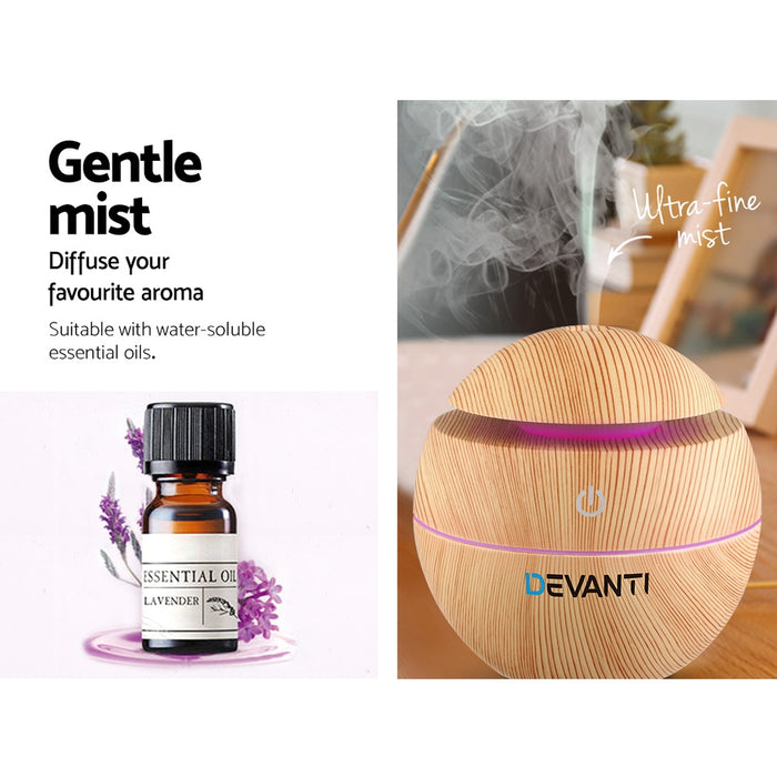 Devanti Aromatherapy Diffuser Aroma Essential Oils Air Humidifier LED Light 130ml Light Wood Grain