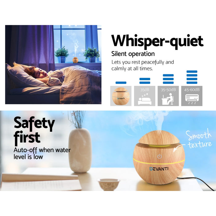 Devanti Aromatherapy Diffuser Aroma Essential Oils Air Humidifier LED Light 130ml Light Wood Grain