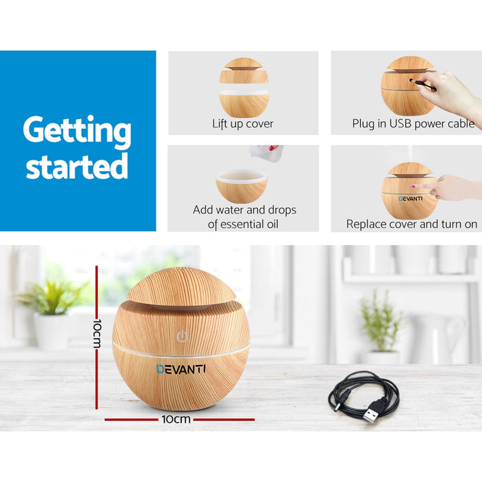 Devanti Aromatherapy Diffuser Aroma Essential Oils Air Humidifier LED Light 130ml Light Wood Grain