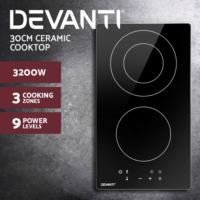 Devanti Electric Ceramic Cooktop 30cm Kitchen Cooker Cook Top Hob Touch Control 3-Zones Black