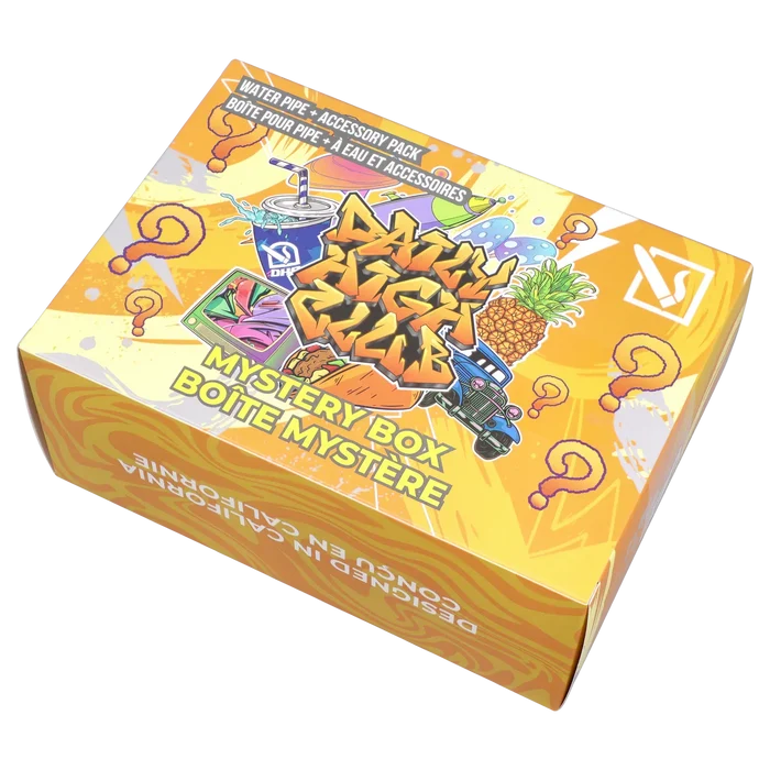 Angled top view of the bright orange DHC - Mystery Box - Deep Sea Adventure with colorful graffiti graphics and question marks.