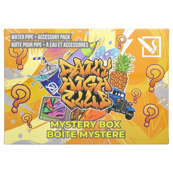 Front-facing colorful box top with graffiti-style art and question marks reading "DHC - Mystery Box - Deep Sea Adventure."