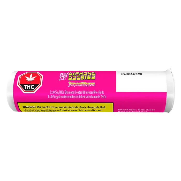 Horizontal product shot of a white tube with a bright pink label reading Diamond Doobies Dragon's Breath Infused PR 3 x 0.5 g, shown on a white background