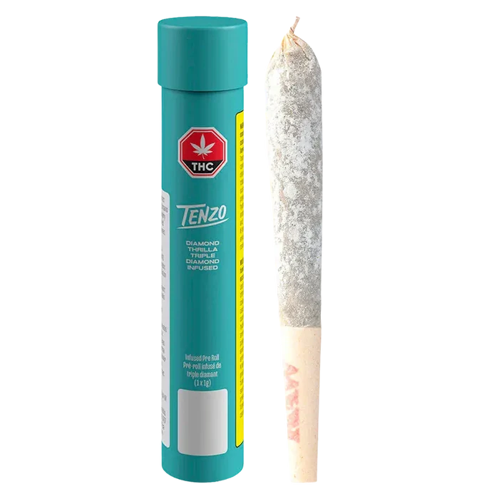Straight-on studio shot of a teal tube and a powder-coated joint, labeled Diamond Thrilla Triple-Diamond Infused PR 1 x 1 g.