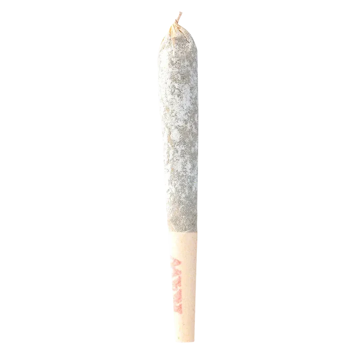 Vertical close-up of a rolled joint dusted in white crystals, labeled "Diamond Thrilla Triple-Diamond Infused PR 1 x 1 g" on the paper tip.