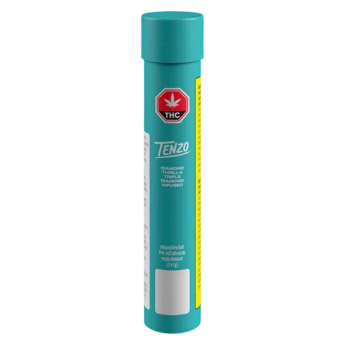 Tall front-facing teal tube labeled Tenzo Diamond Thrilla Triple-Diamond Infused PR 1 x 1 g with a red THC octagon near the top.