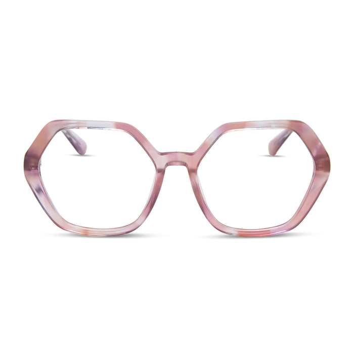diff eyewear featuring the dixie hexagon prescription glasses with a fleur pink tortoise frame front view