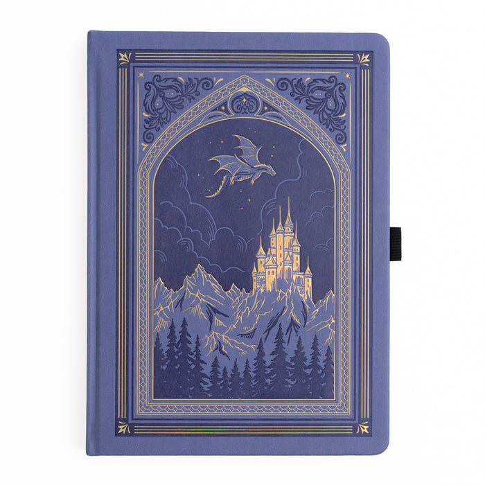 Periwinkle notebook with a castle and dragon design on the cover