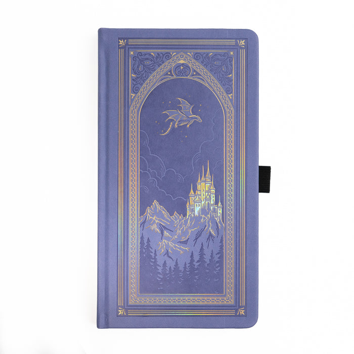 Decorative notebook with castle and dragon design on a white background