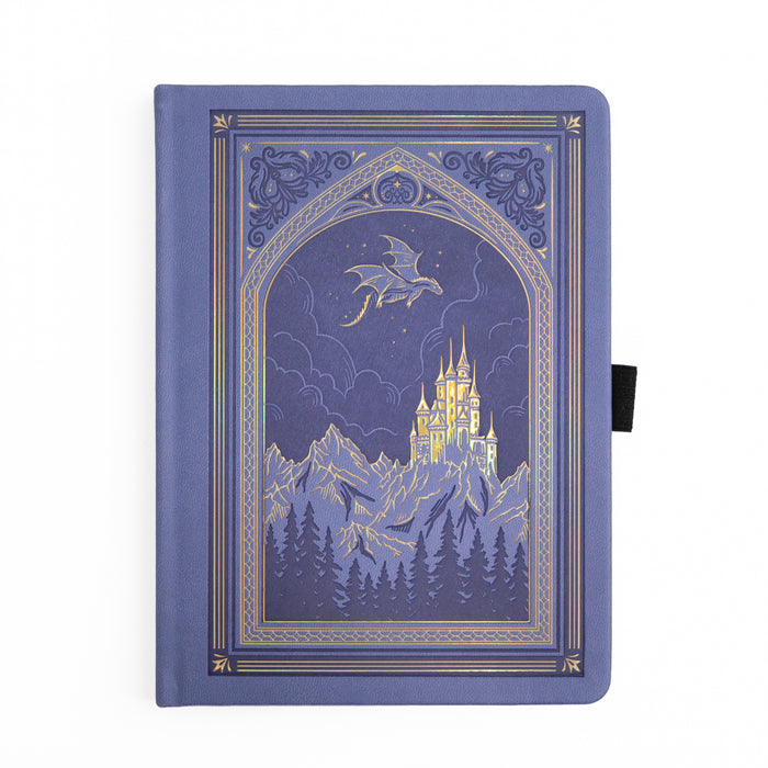 Decorative notebook with a fantasy design of a castle and dragon on a periwinkle cover.