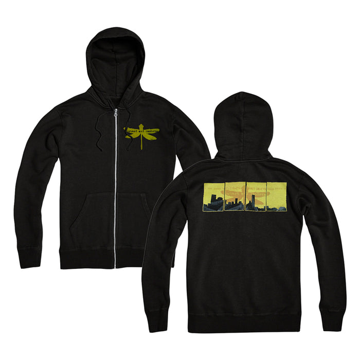This black Coheed and Cambria zip up hoodie features a yellow dragonfly graphic on the front left chest and a bold three-panel dragonfly skyline design on the back—perfect for fans and city explorers.