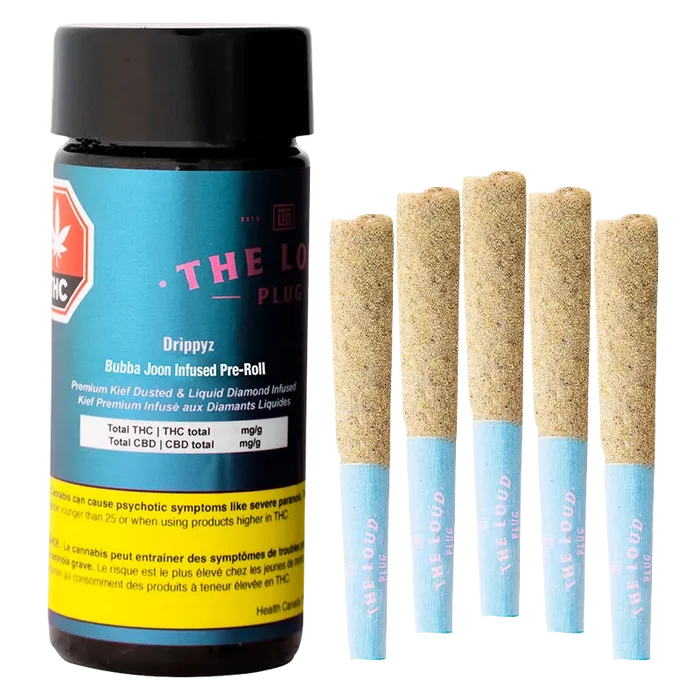 Right-side view of five sand-coated pre-rolls with blue tips beside a vertical black container labeled Drippyz Bubba Joon Infused PR 5 x 0.5 g.